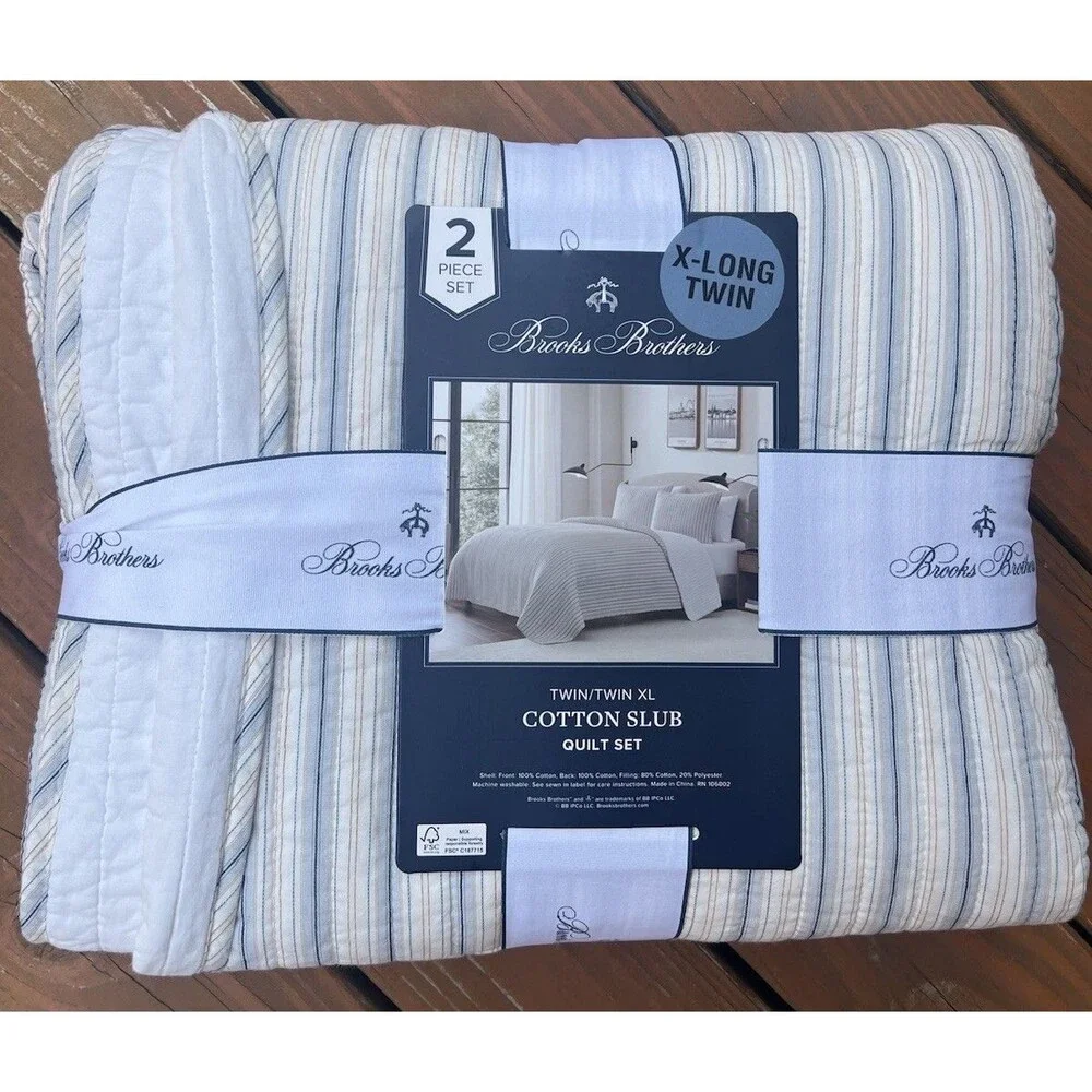 Brooks Brothers Cotton Slub Quilt and Sham Set Twin XL Light Blue White Stripes